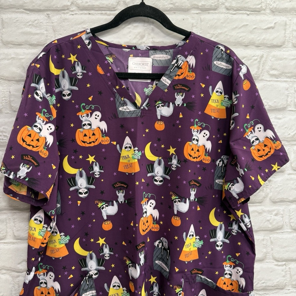 Halloween Scrub Top Spooktacular Sloths Woman's Size 2XL Cherokee V Neck Ghosts